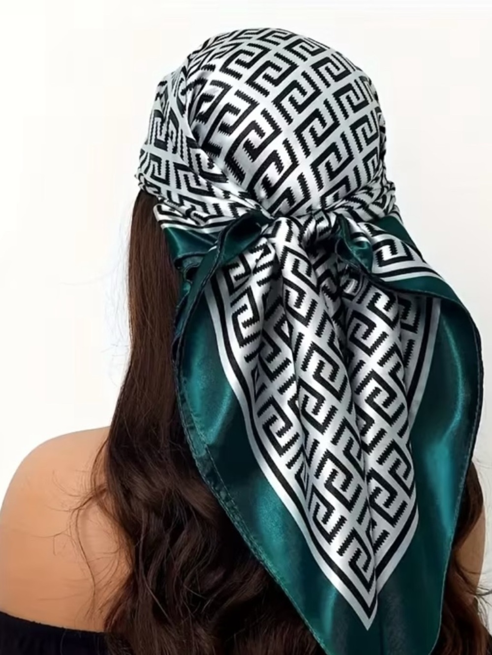 Silk-Feel Black & White Geo Print Head Scarf with Emerald Trim